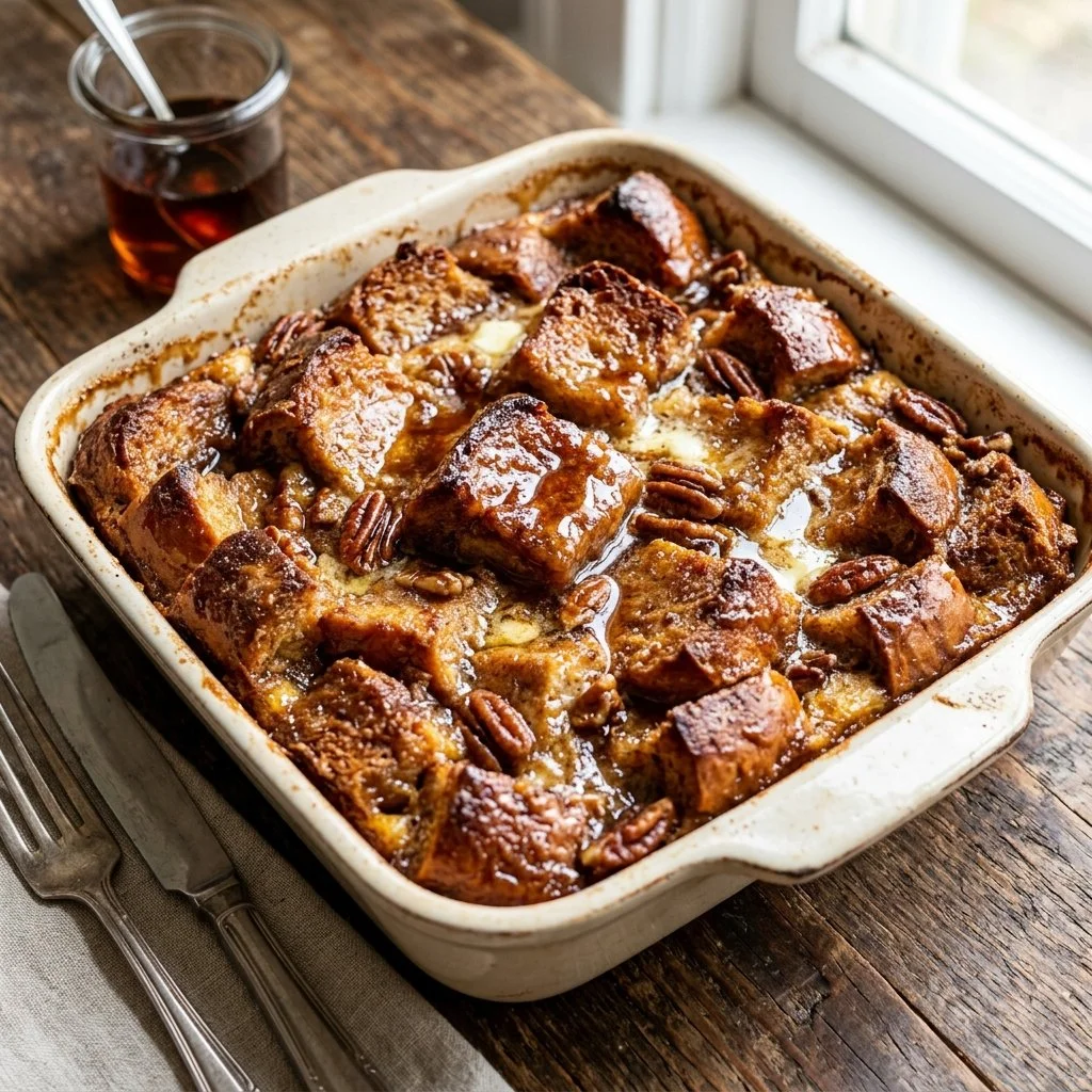 Deliciously baked French Toast Casserole served with syrup and berries