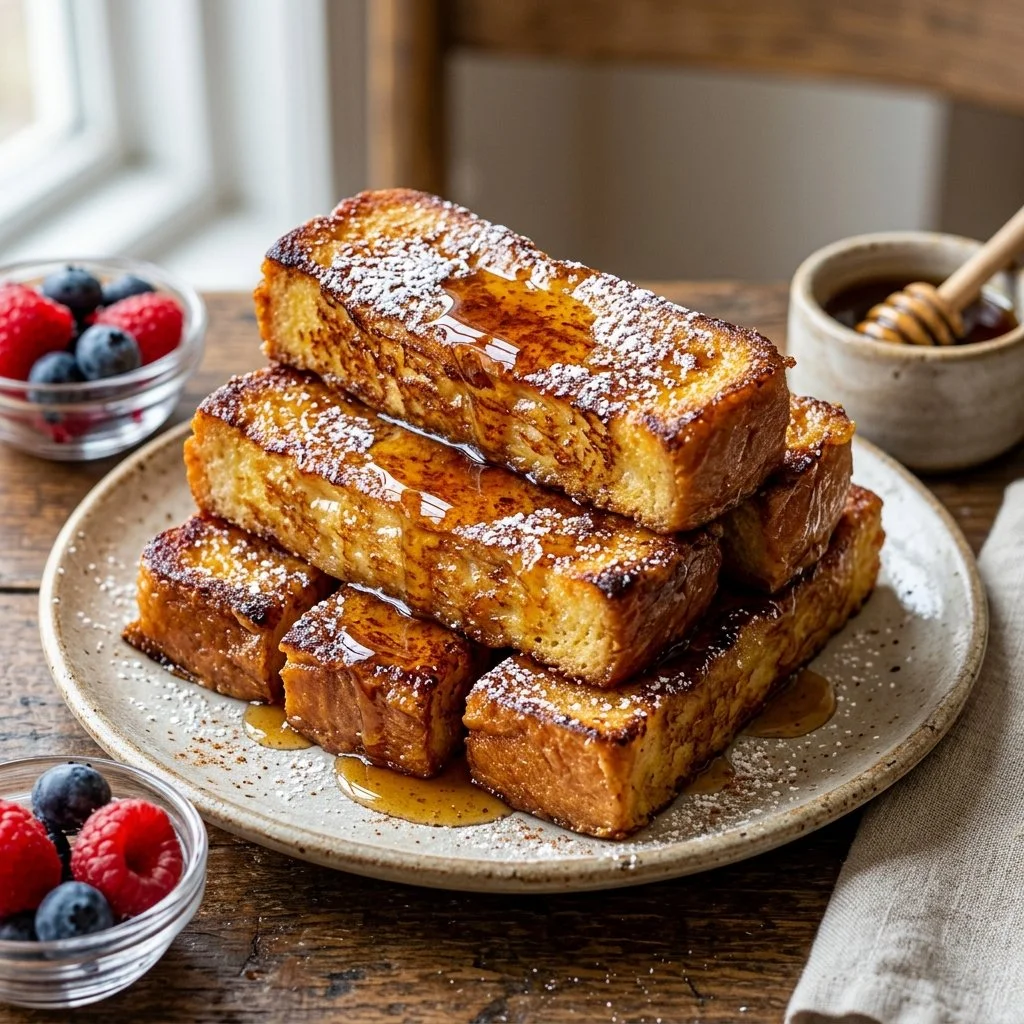 Delicious golden French Toast Sticks served with syrup and fresh fruit.