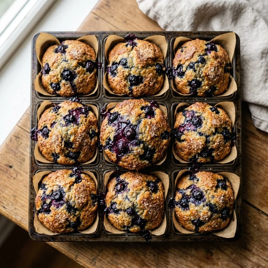 Freshly baked blueberry muffins with juicy blueberries on display