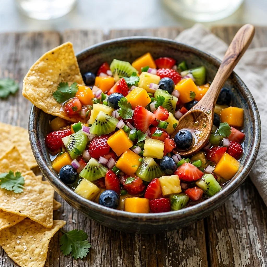 Bowl of colorful fresh fruit salsa with strawberries, mango, and kiwi