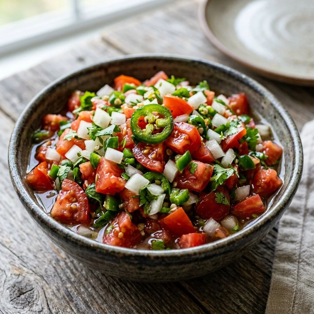 Bowl of Fresh Pico de Gallo with tomatoes, onions, cilantro, and lime.
