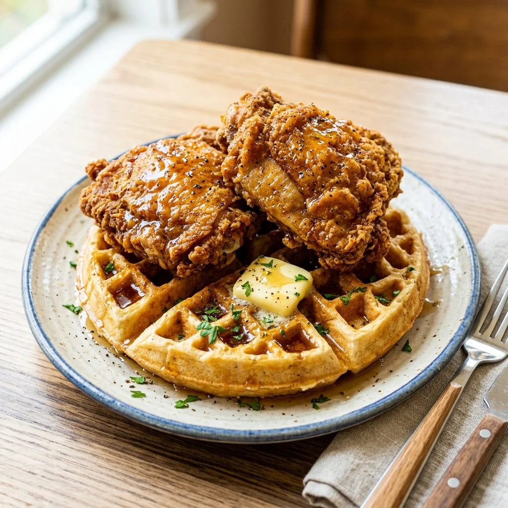 Delicious plate of fried chicken and waffles drizzled with syrup