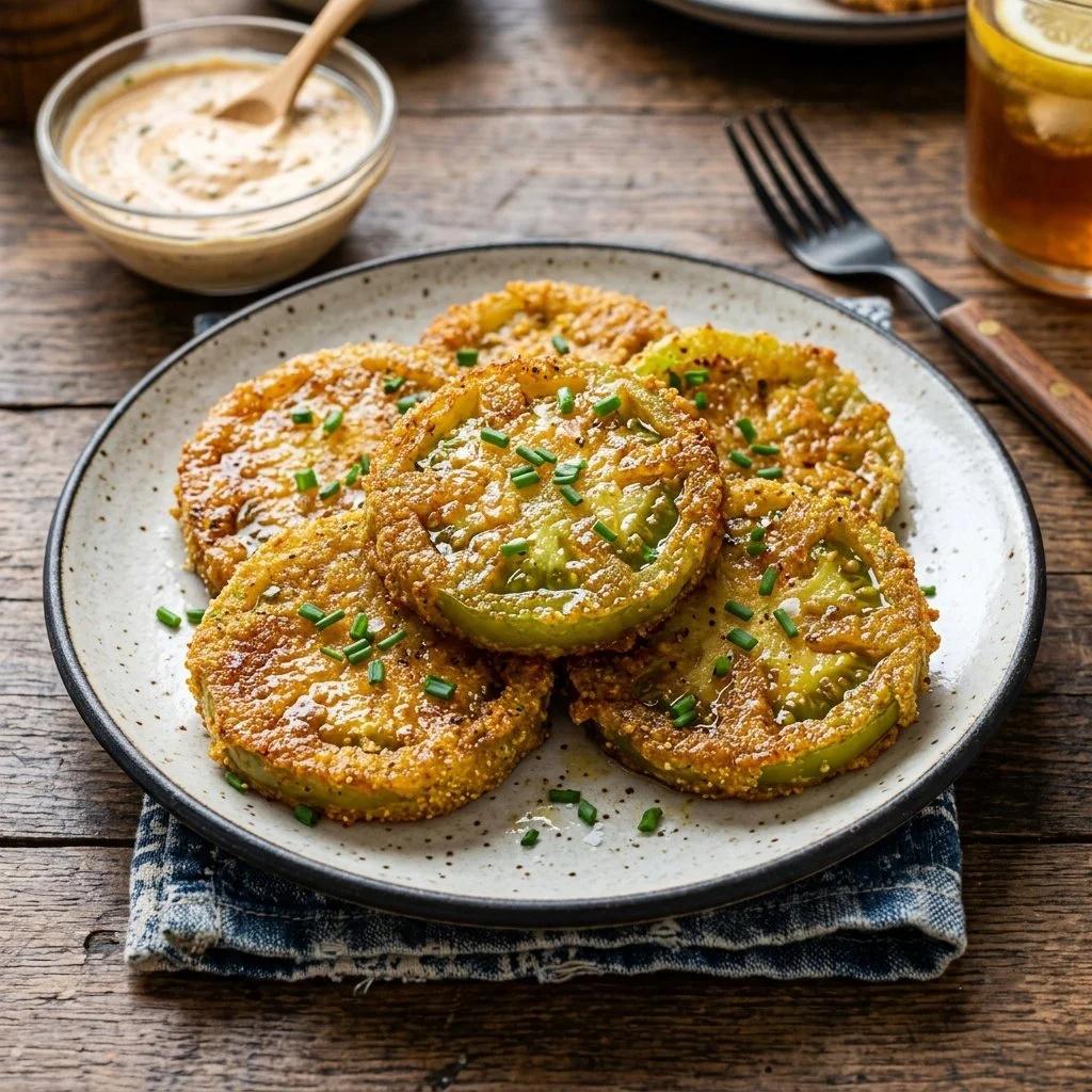 Crispy Fried Green Tomatoes served with dipping sauce on a plate.