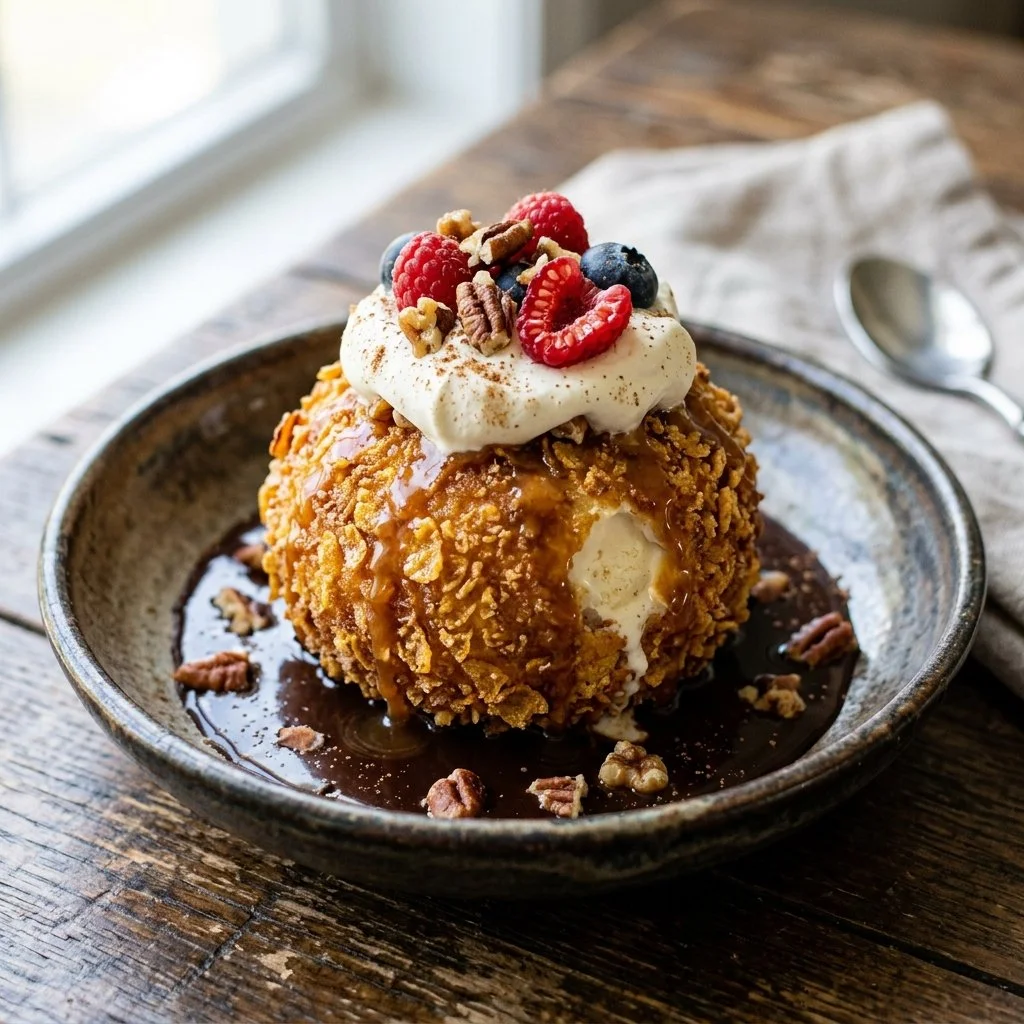 A delicious plate of homemade fried ice cream topped with chocolate syrup and nuts.