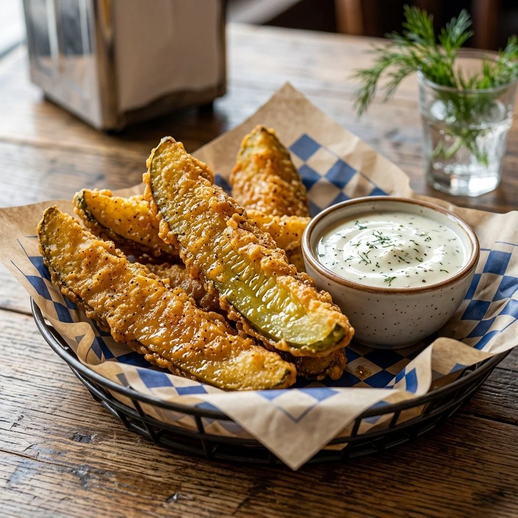Crispy fried pickle spears served as a tasty appetizer