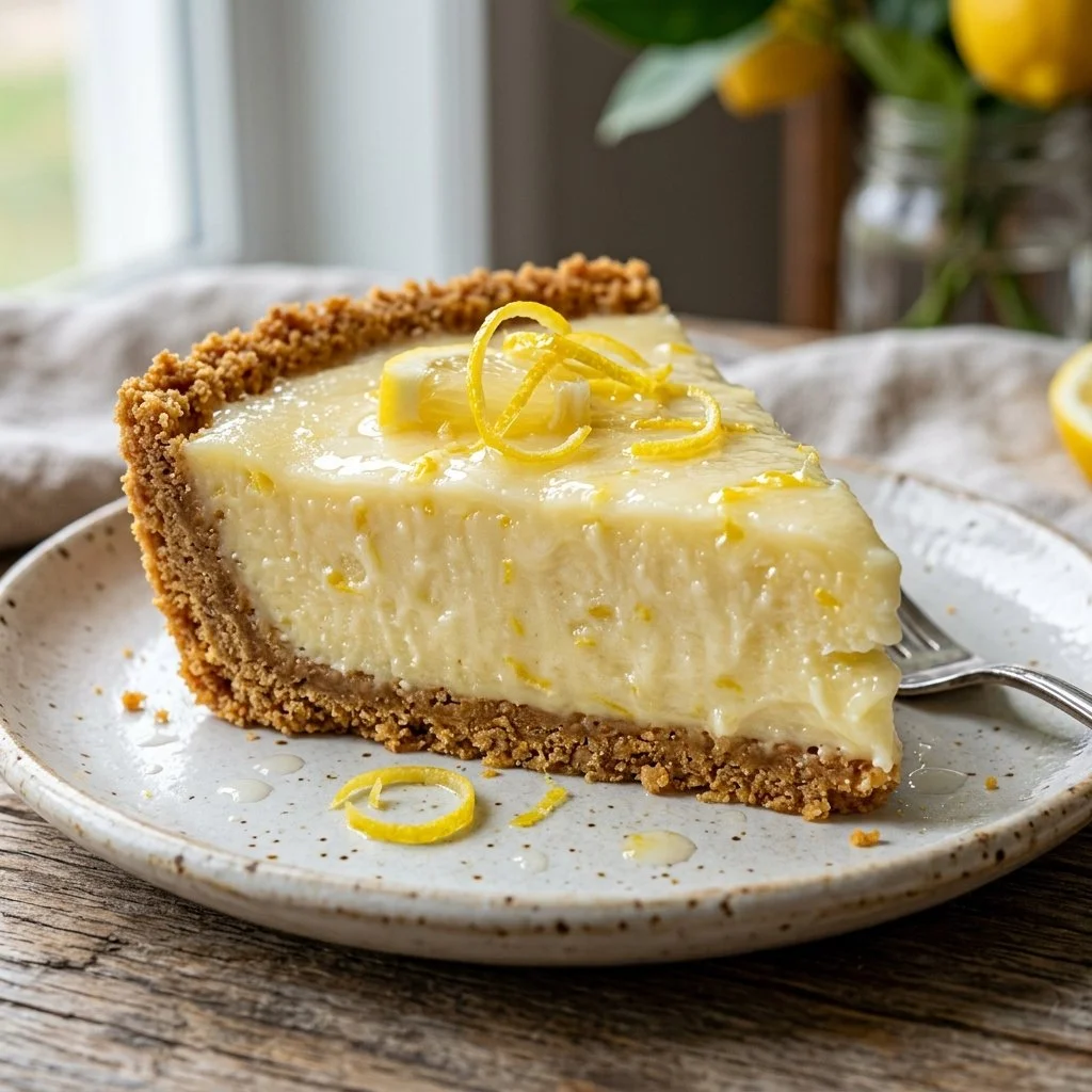 Frozen lemonade pie served in a slice on a white plate with a lemon garnish.