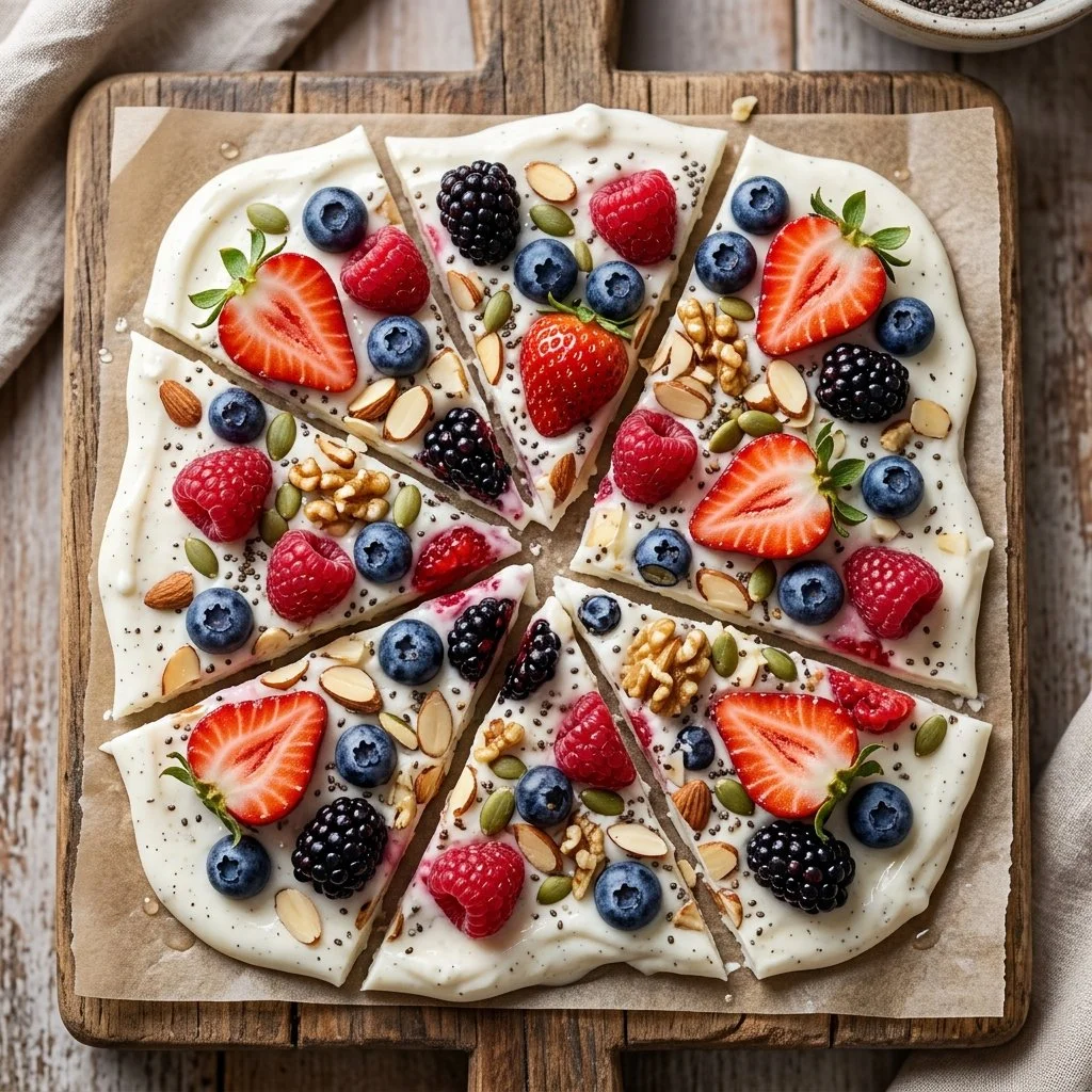 Delicious frozen yogurt bark topped with fruits and nuts