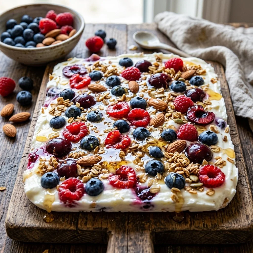 Delicious homemade frozen yogurt bark with colorful toppings.