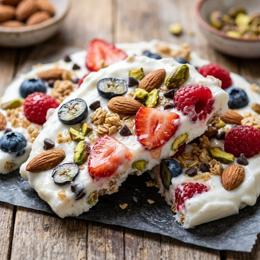 Delicious frozen yogurt bark topped with fresh fruits and nuts