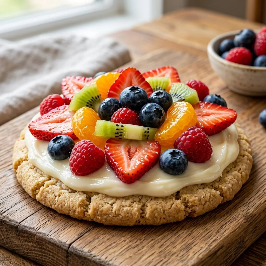 Colorful fruit pizza cookie topped with fresh fruits on a white plate