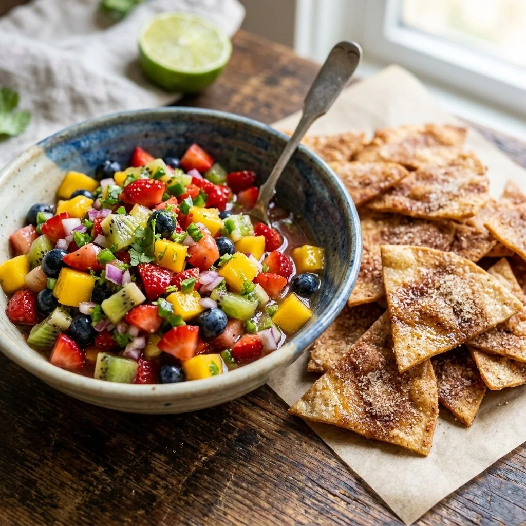 Fruit salsa served with crispy cinnamon chips for a sweet snack.