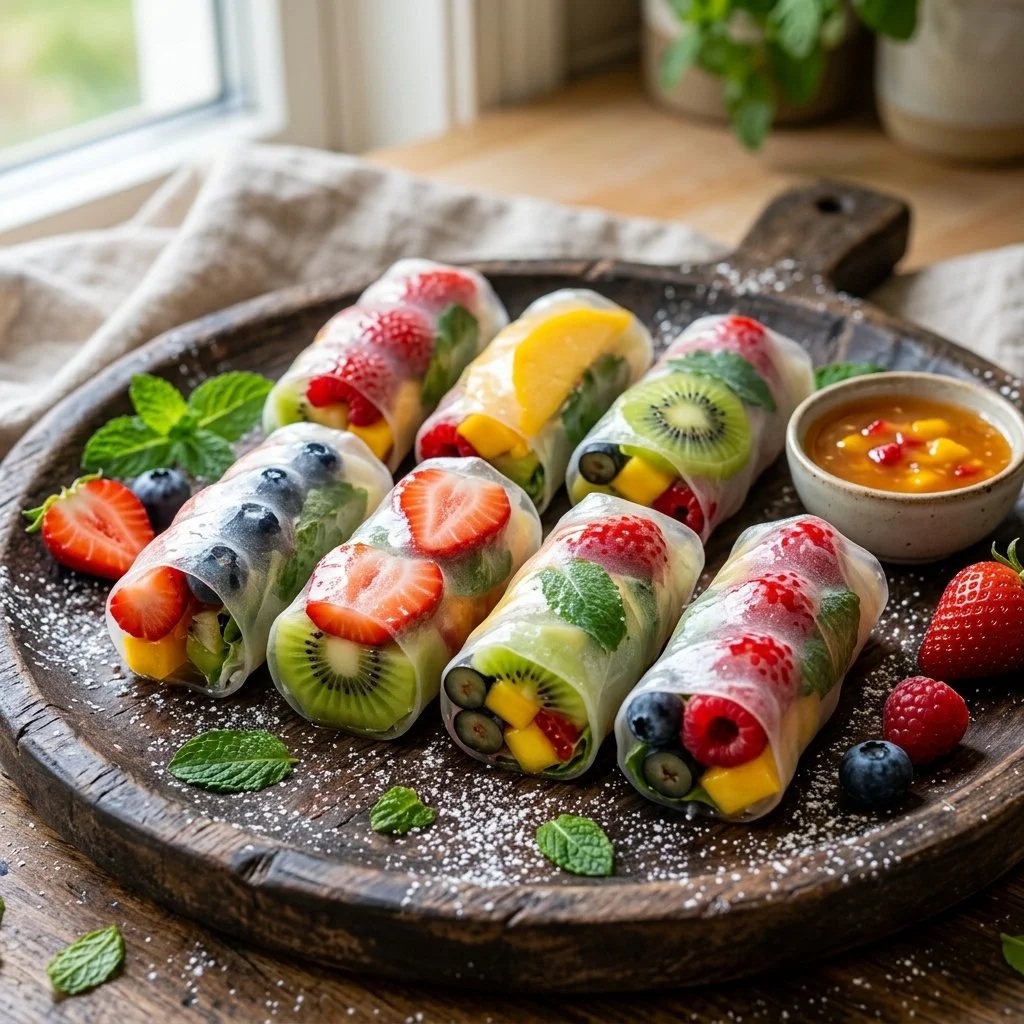 Delicious fruit spring rolls filled with fresh fruits and served with dipping sauce