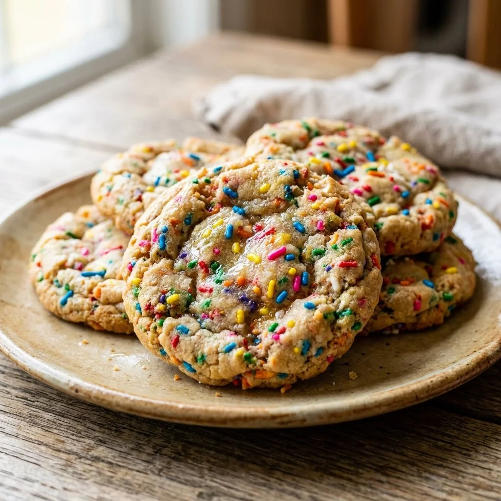 Freshly baked Funfetti Sugar Cookies with colorful sprinkles