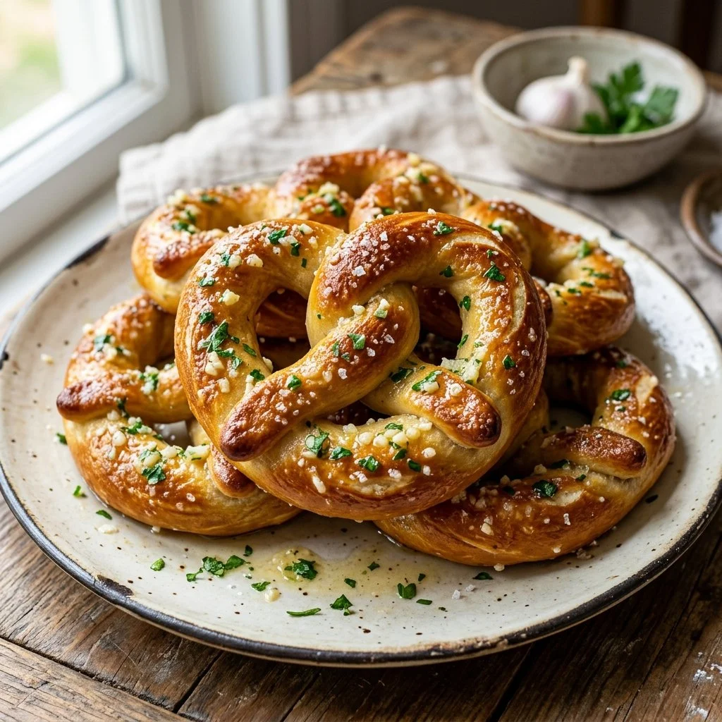 Freshly baked Garlic Butter Pretzels with a golden crust and buttery glaze