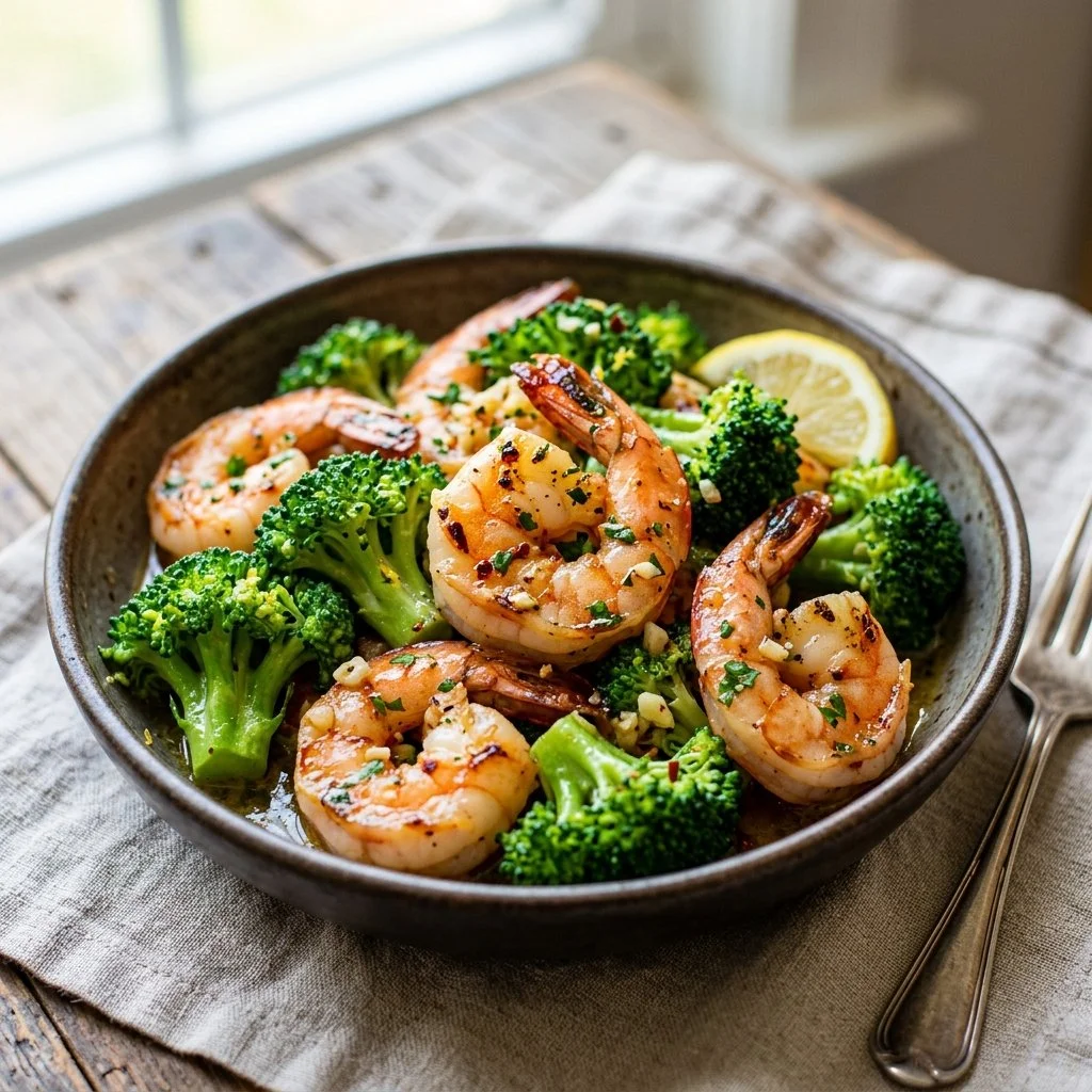 Delicious Garlic Butter Shrimp with Broccoli on a plate