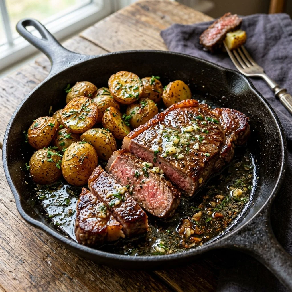 Delicious Garlic Butter Steak served with crispy potatoes in a skillet