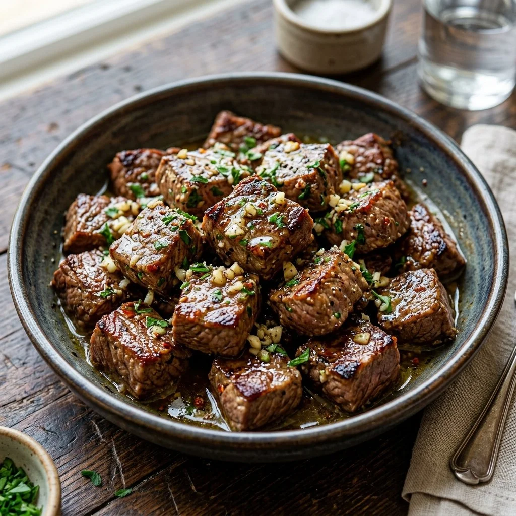 Delicious garlic butter steak bites served on a plate, garnished with herbs.