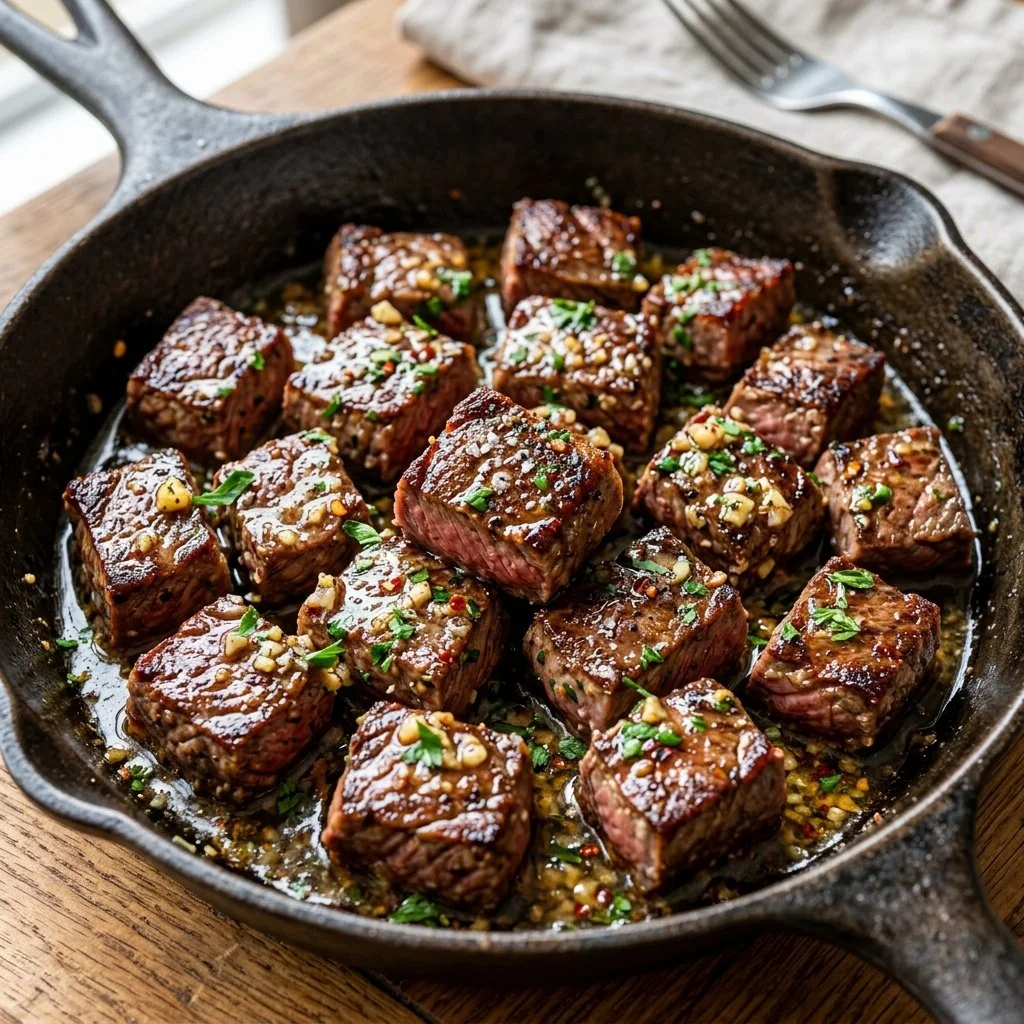 Succulent garlic butter steak bites served on a plate with herbs and spices.