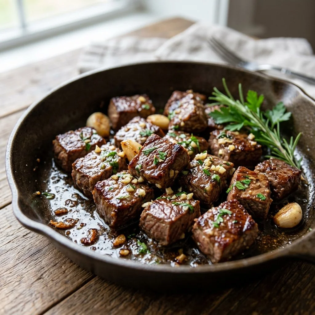 Delicious garlic butter steak bites served on a plate