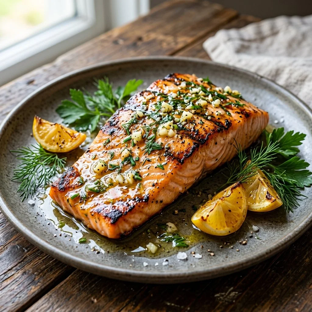 Delicious Garlic Herb Grilled Salmon on a plate garnished with fresh herbs.