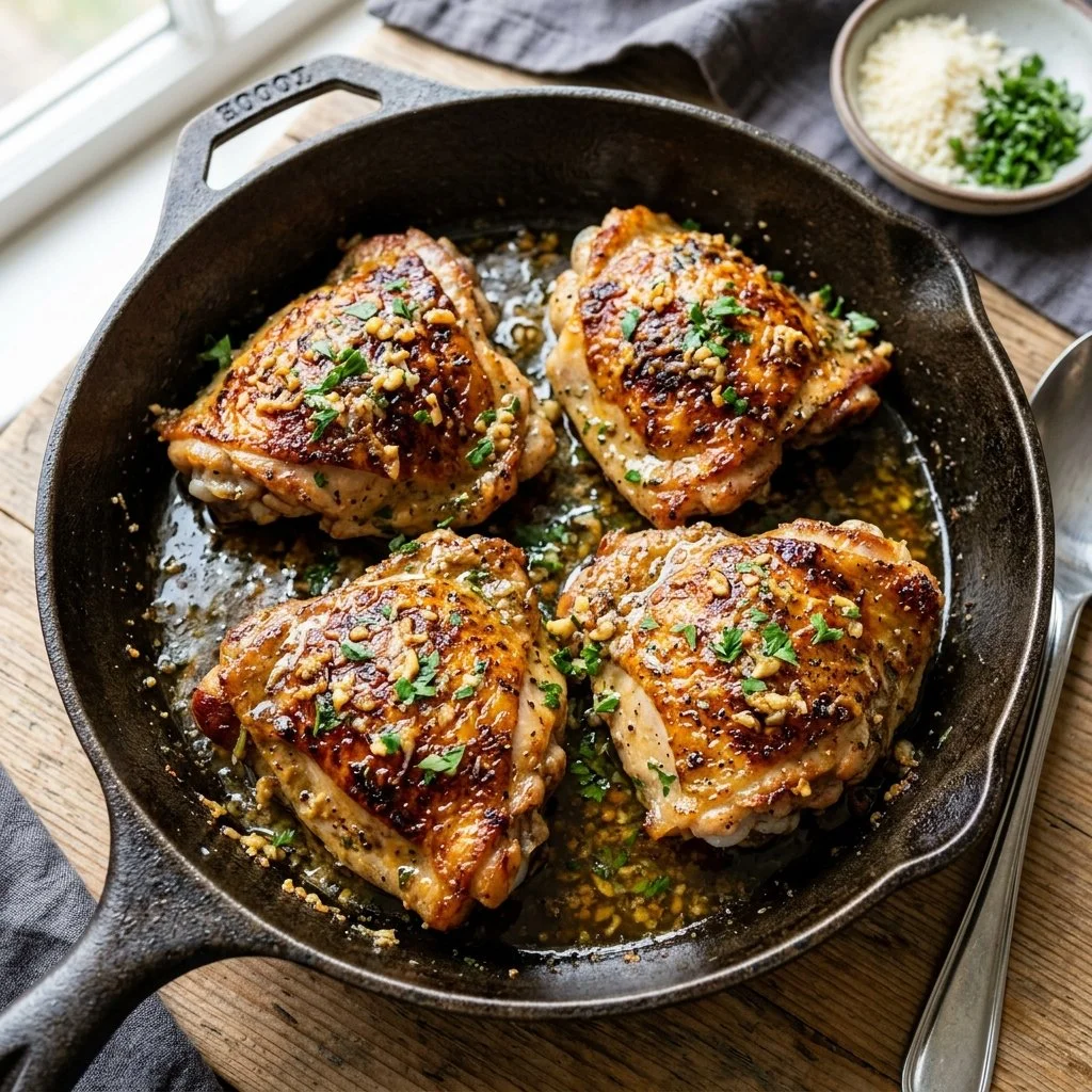 Delicious Garlic Parmesan Chicken Thighs garnished with herbs and served hot.