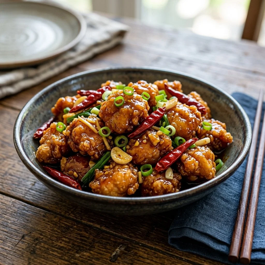 Plate of flavorful General Tso Chicken garnished with green onions and sesame seeds