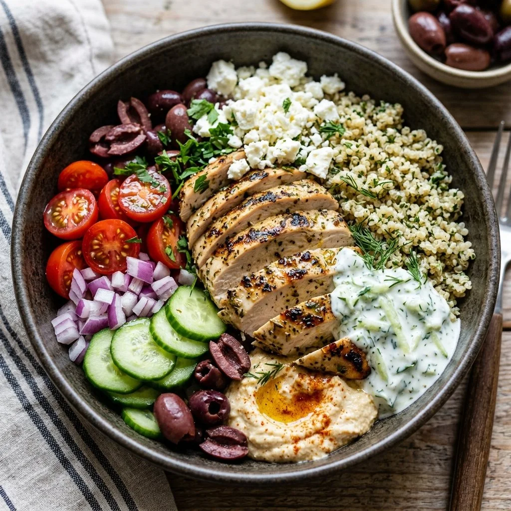 Delicious Greek Chicken Bowl topped with fresh ingredients and herbs