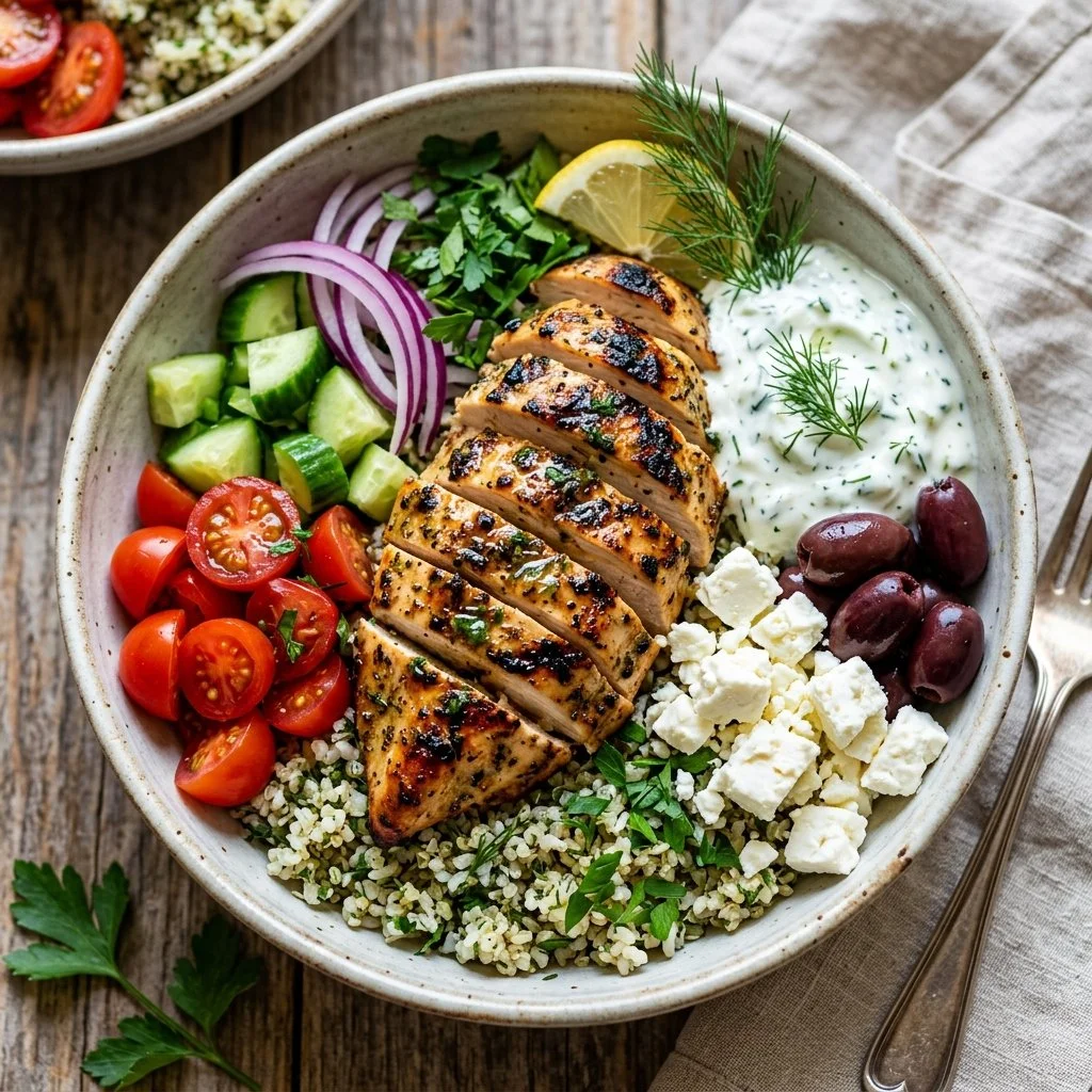 Greek Chicken Bowl with fresh veggies and tzatziki sauce