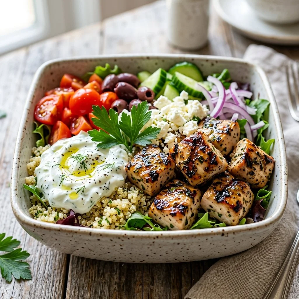 Delicious Greek chicken bowls with marinated chicken, vegetables, and tzatziki sauce.