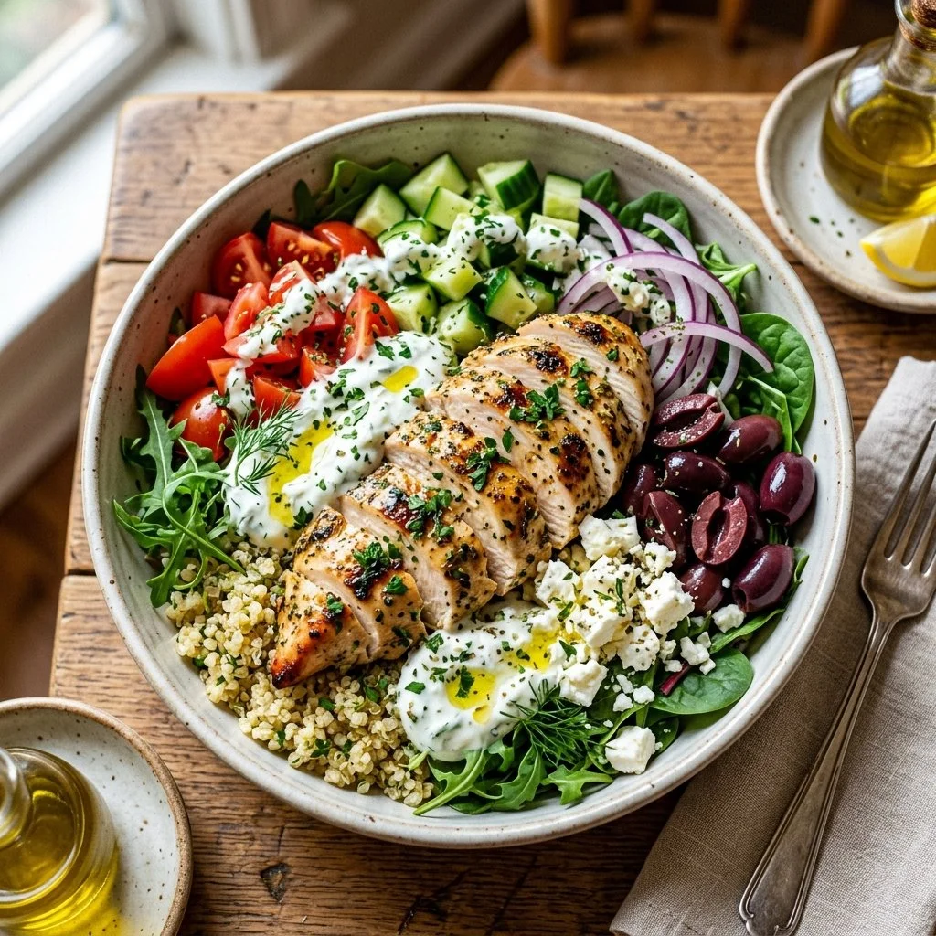 Delicious Greek Chicken Bowl with fresh vegetables and flavorful dressings