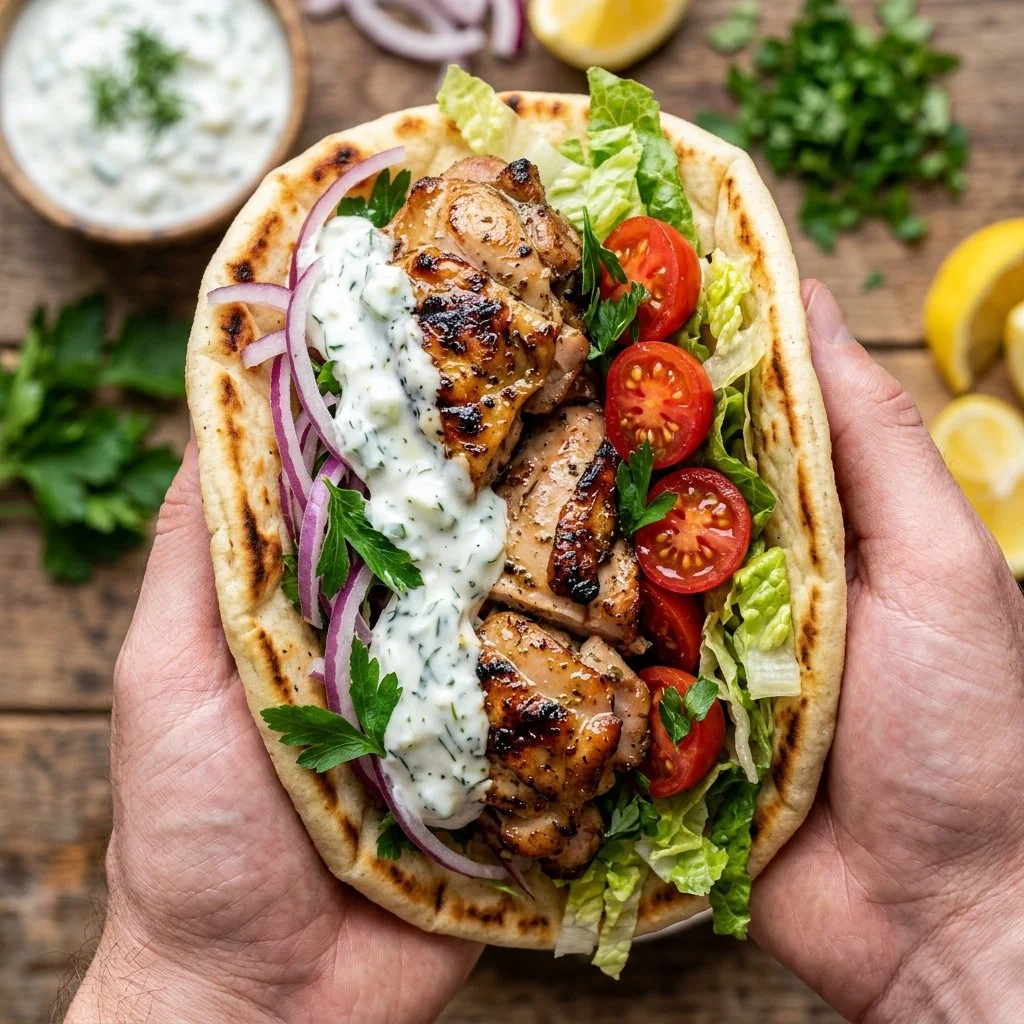 Delicious Greek Chicken Gyros served with fresh vegetables and tzatziki sauce
