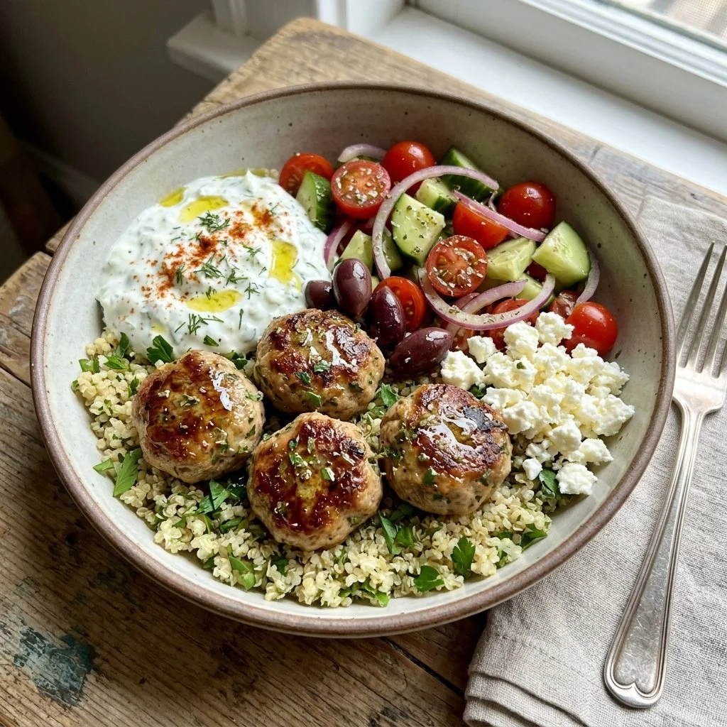 Greek meatball bowl with fresh vegetables and traditional sauces