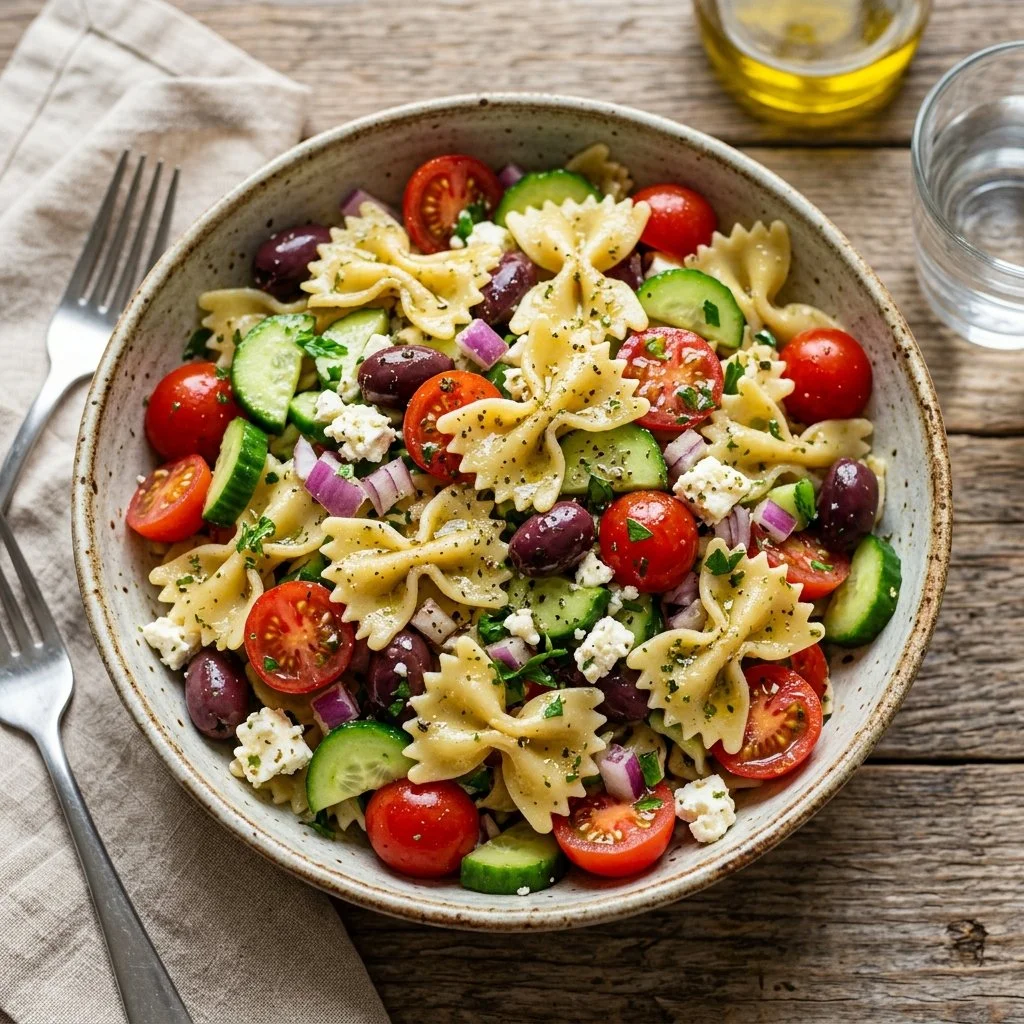 Delicious Greek Pasta Salad with feta cheese, olives, and fresh vegetables