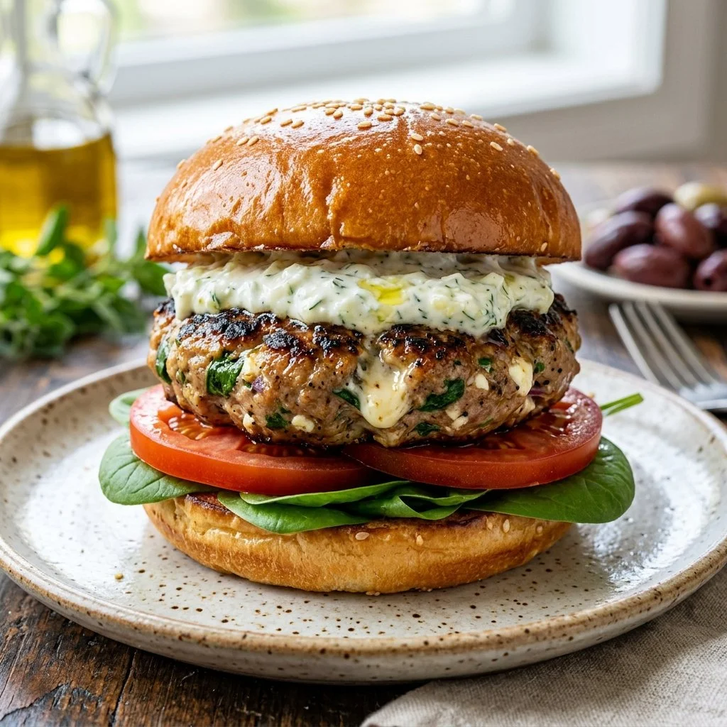 Mouthwatering Greek Turkey Burgers served on a plate with fresh toppings.