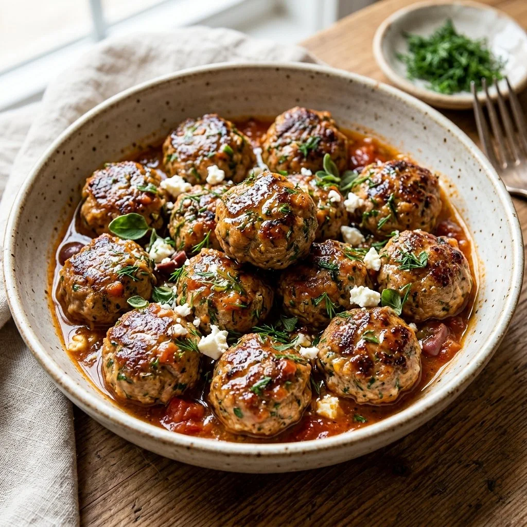 Plate of Greek Turkey Meatballs garnished with herbs