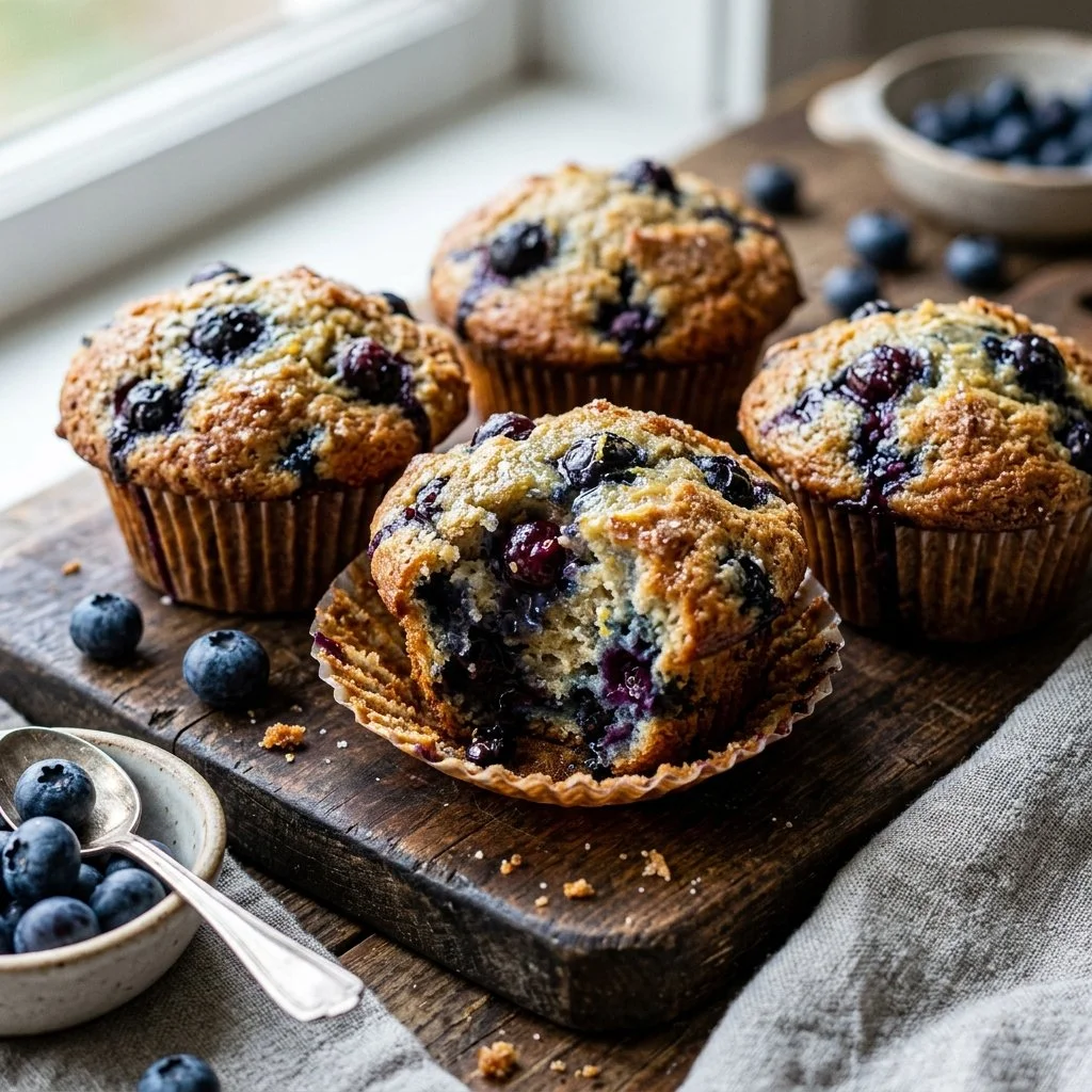 Greek yogurt blueberry muffins fresh out of the oven with blueberries on top