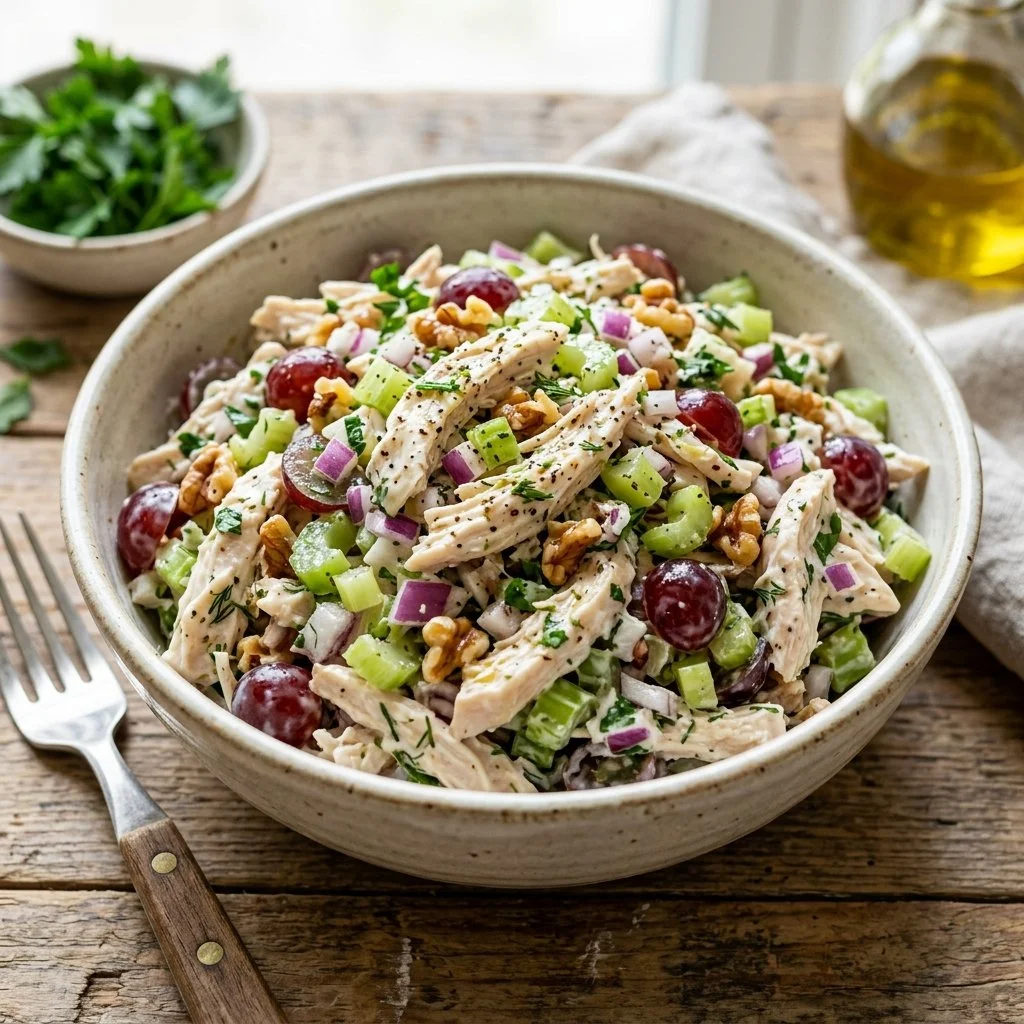Delicious Greek Yogurt Chicken Salad with chicken, vegetables, and yogurt dressing.