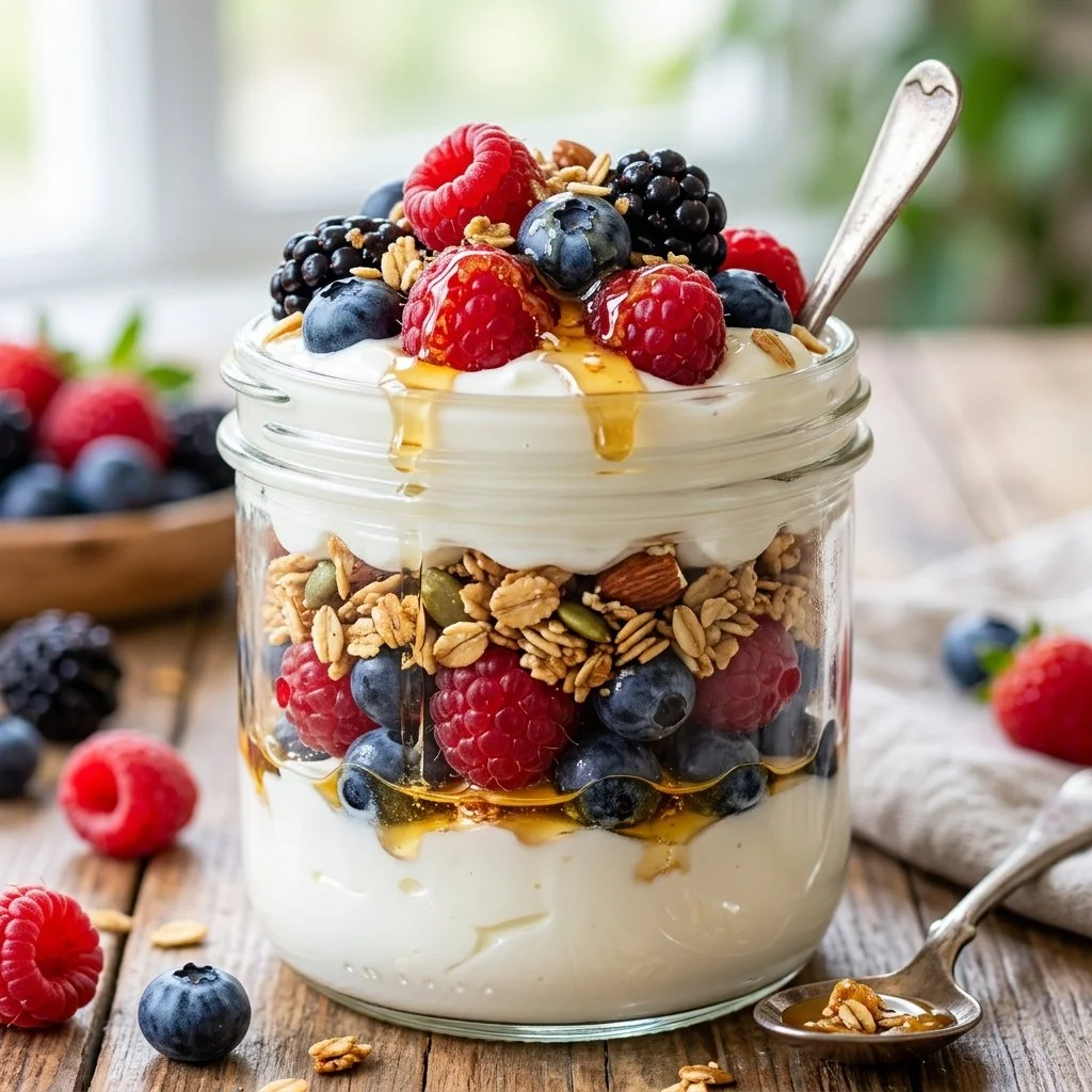Delicious Greek Yogurt Parfait with fresh fruits and granola.