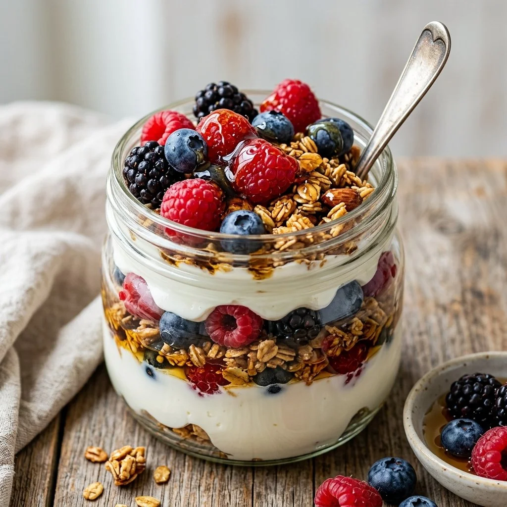 Healthy Greek Yogurt Parfait with fruits and granola in a glass