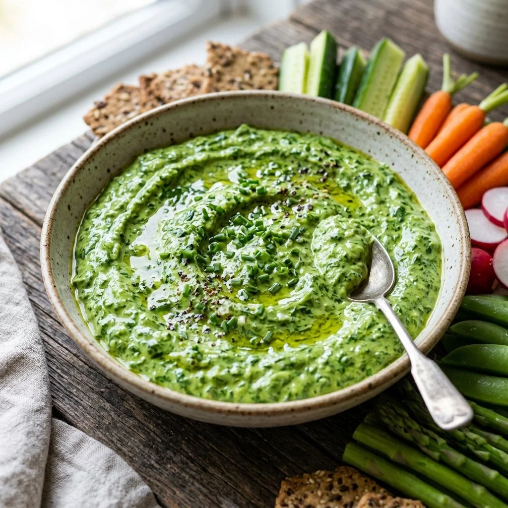 Delicious Green Goddess Dip served with fresh vegetables and snacks.