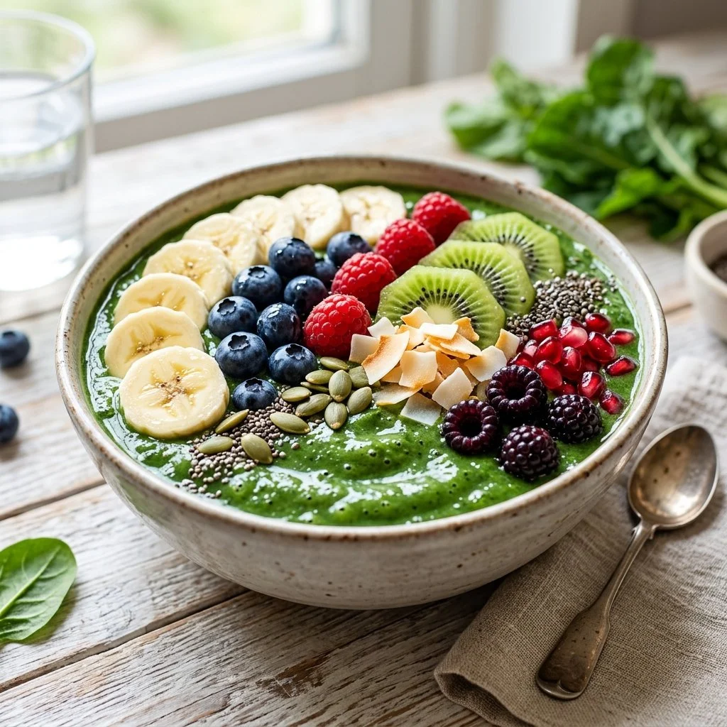Delicious green smoothie bowl topped with fruits and seeds