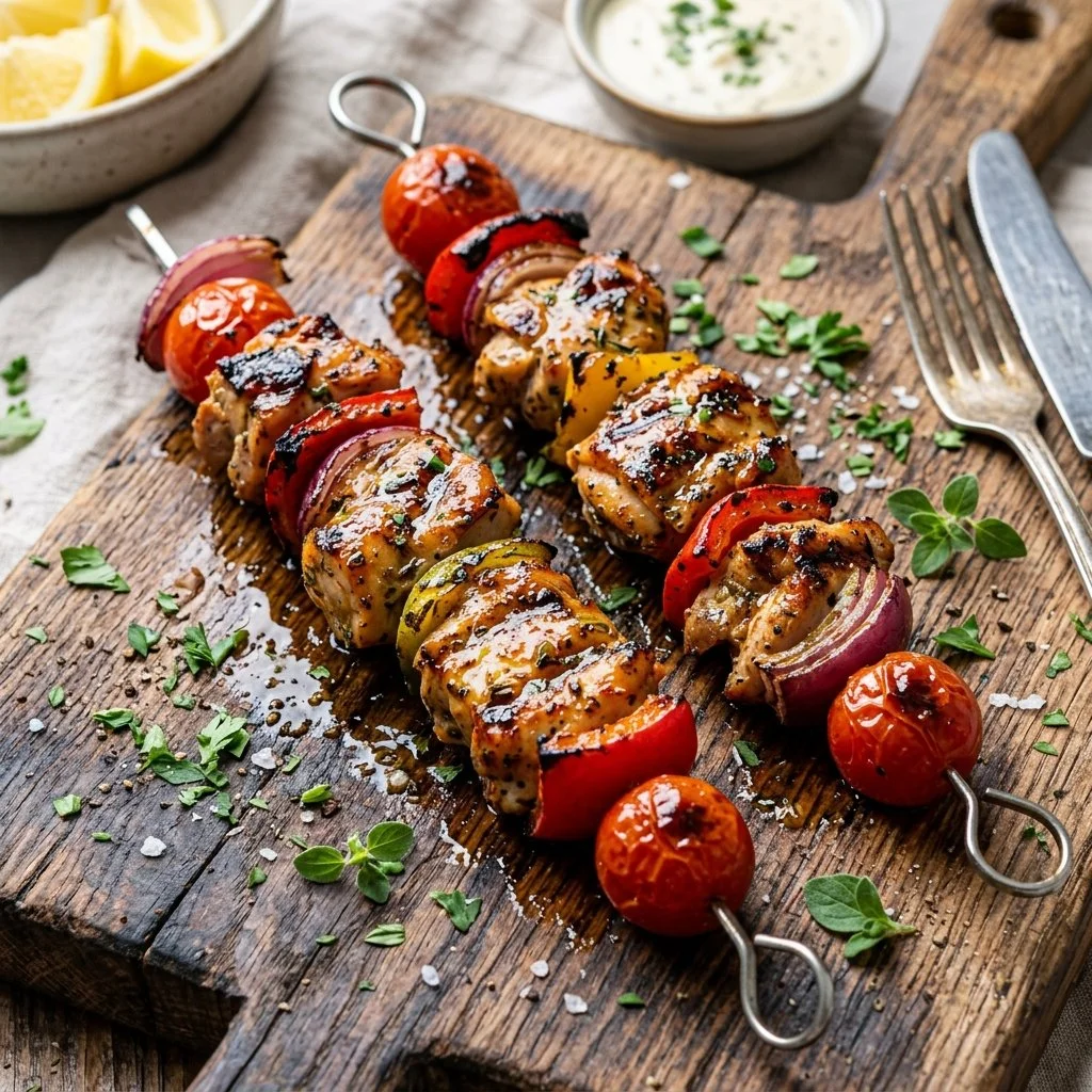 Delicious grilled chicken kabobs with vegetables on skewers