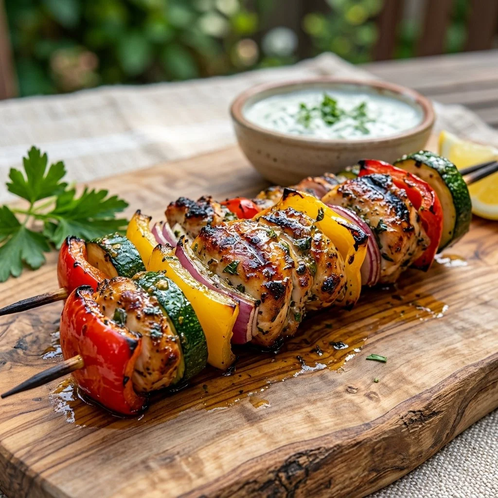 Grilled chicken kabobs with colorful vegetables on skewers
