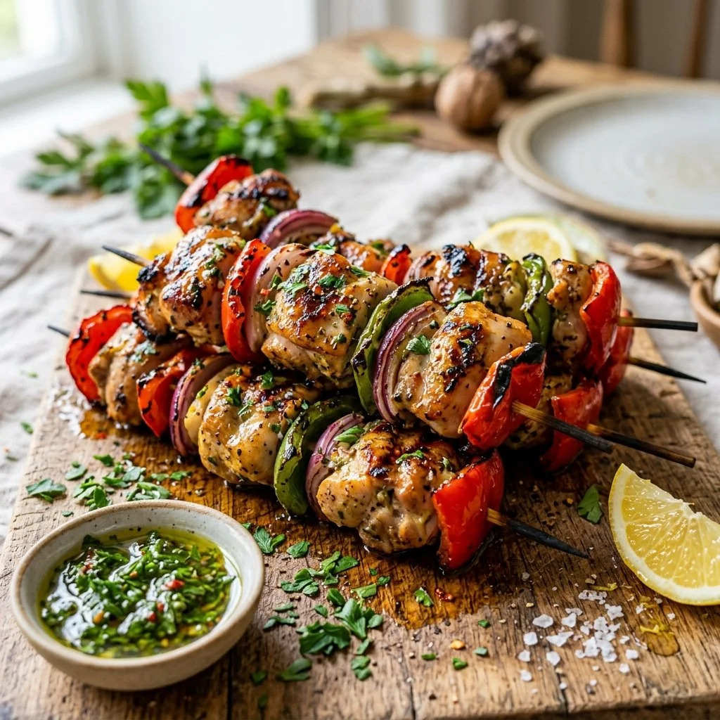 Delicious grilled chicken skewers served with fresh vegetables