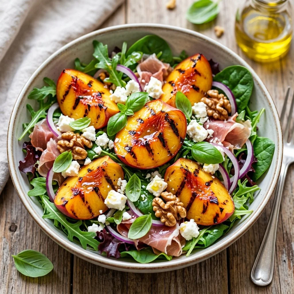 Delicious grilled peach salad with greens and dressing