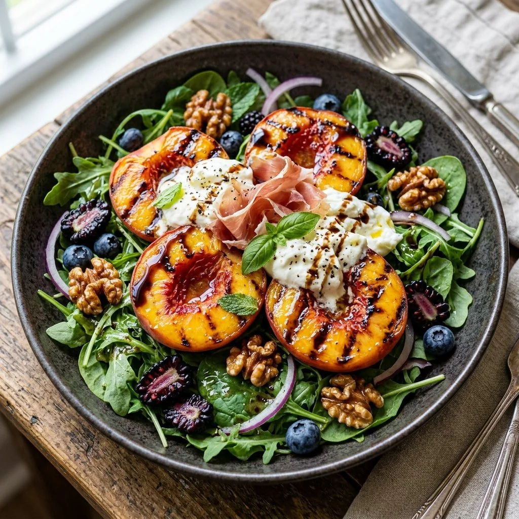 Grilled peach salad topped with greens and feta cheese