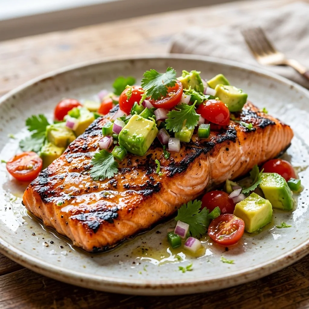 Delicious grilled salmon topped with fresh avocado salsa served on a plate.