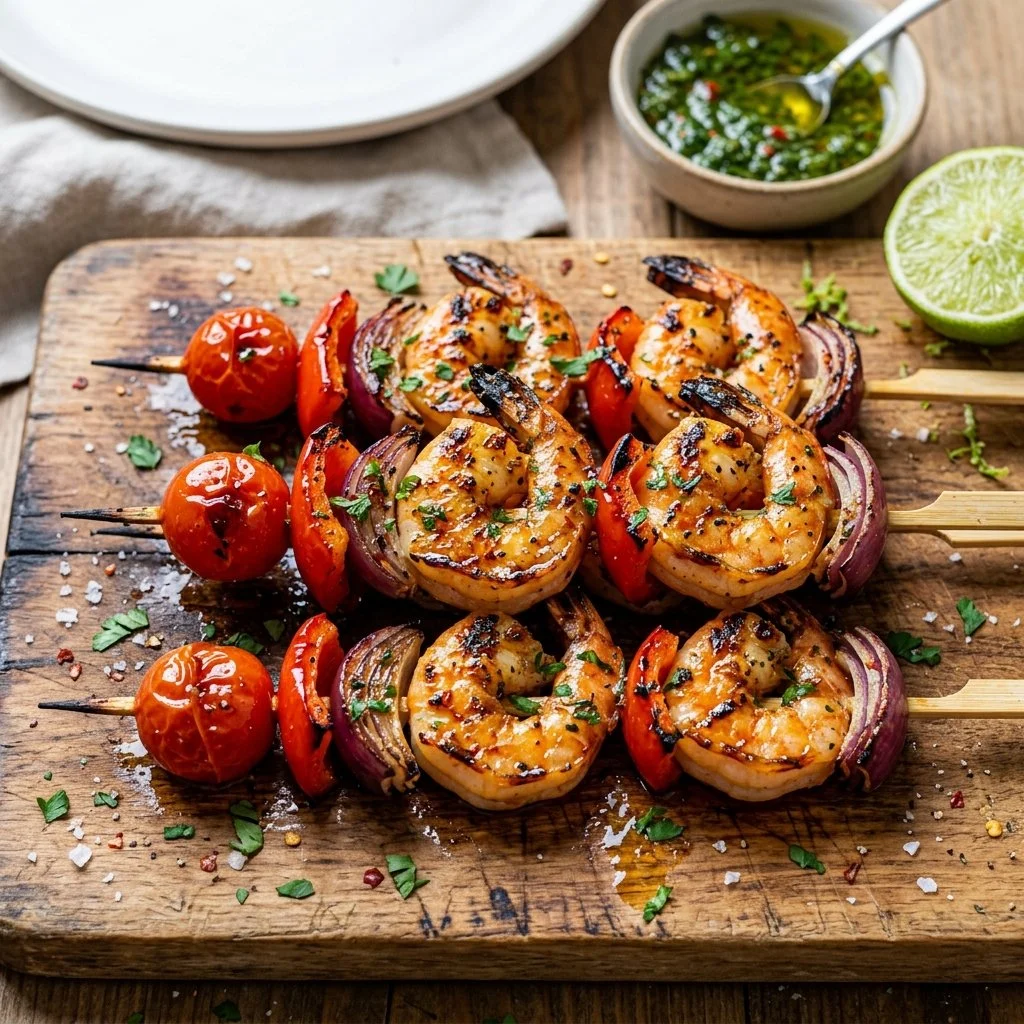 Delicious grilled shrimp skewers served with fresh vegetables
