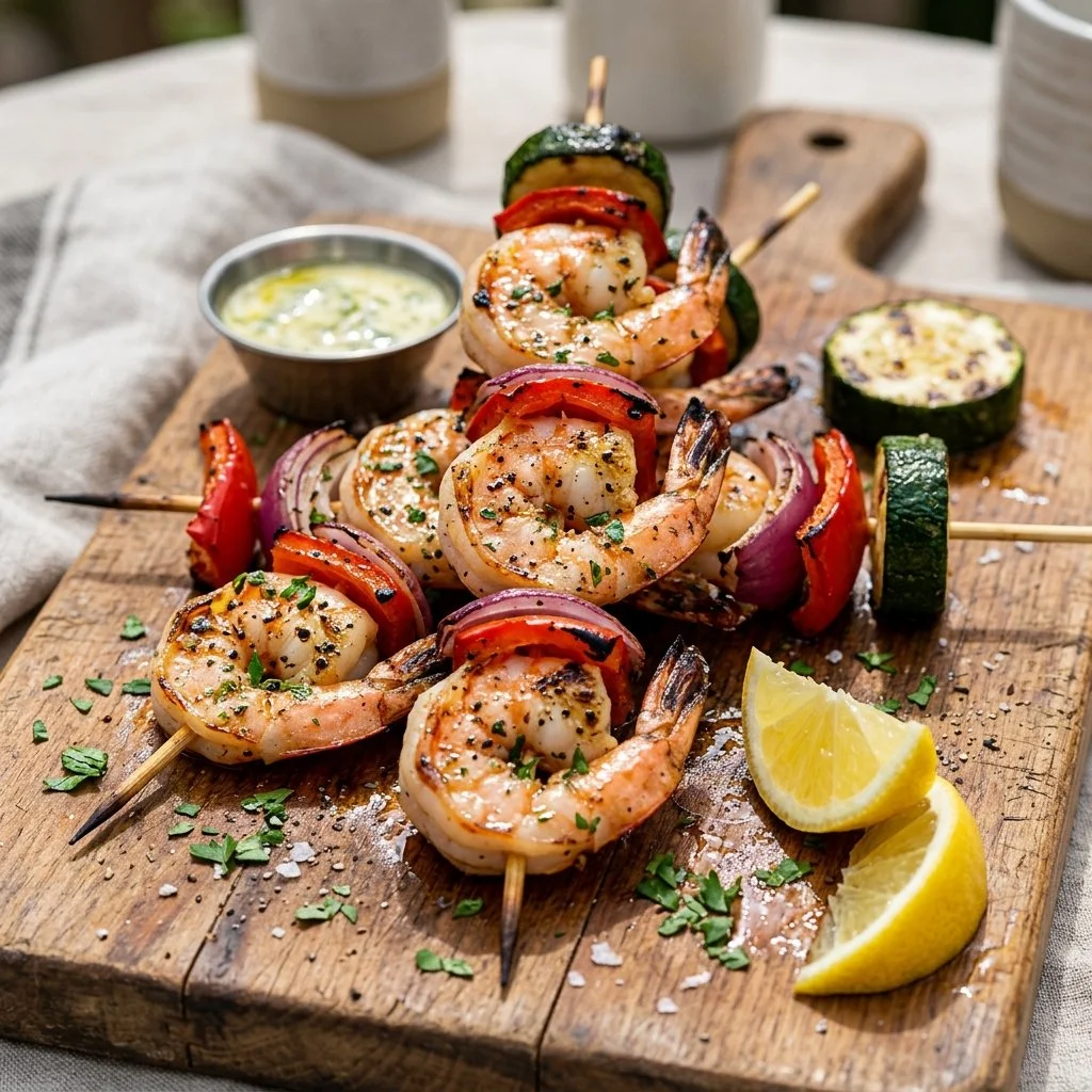 Delicious grilled shrimp skewers garnished with fresh herbs.