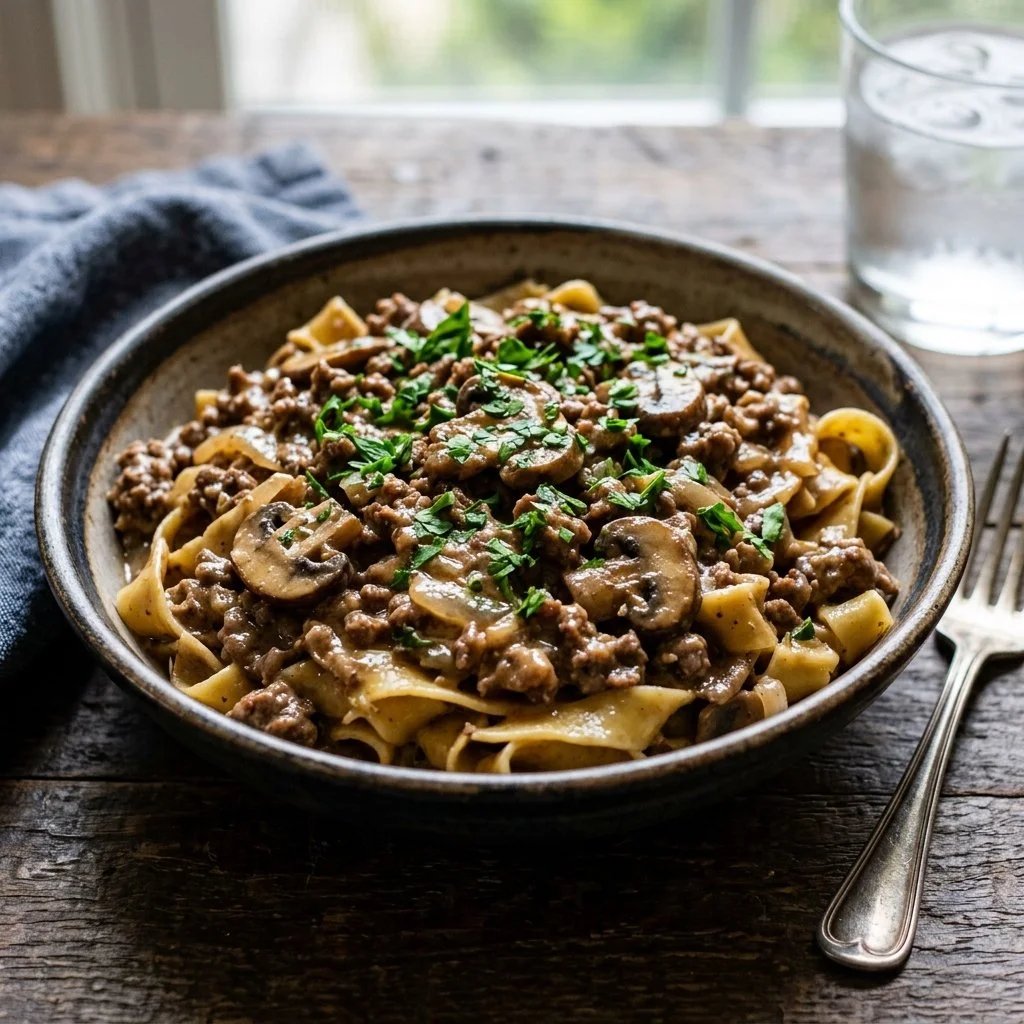 A plate of delicious ground beef stroganoff served with noodles and garnished